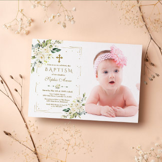 Invitación Flores blancas Purpurina de oro fotografiar bautis