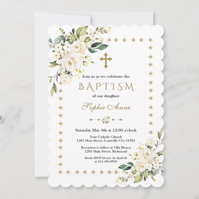 Invitación Flores blancas Purpurina dorada esparce bautismo d (Anverso)