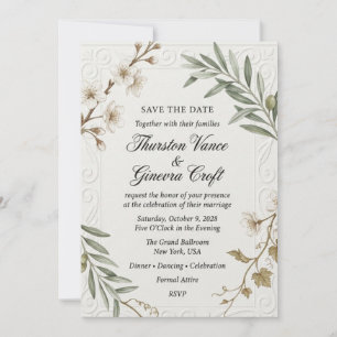 Invitación Flores blancas, ramas de olivo, rollo estampado Bo