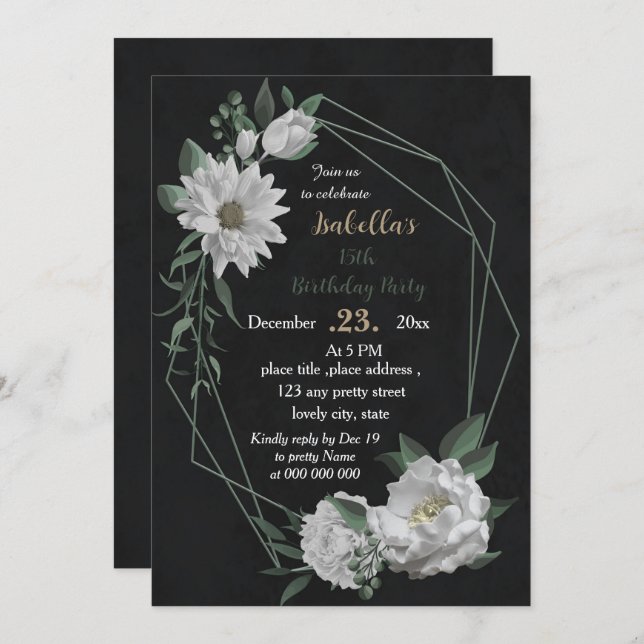 Invitación flores blancas románticas botánica negro cumpleaño (Anverso / Reverso)