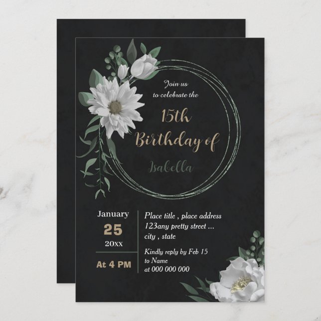 Invitación flores blancas románticas cumpleaños botánico negr (Anverso / Reverso)