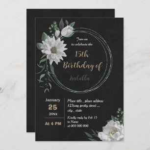 Invitación flores blancas románticas cumpleaños botánico negr