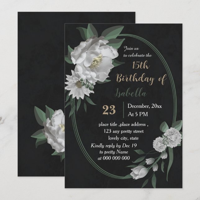 Invitación flores blancas románticas cumpleaños botánico negr (Anverso / Reverso)