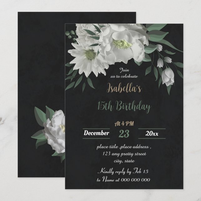 Invitación flores blancas románticas cumpleaños botánico negr (Anverso / Reverso)