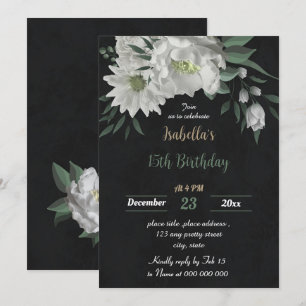 Invitación flores blancas románticas cumpleaños botánico negr