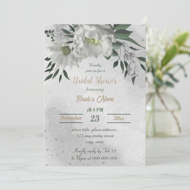 Invitación flores blancas románticas ducha de novia botánica (Anverso de pie)