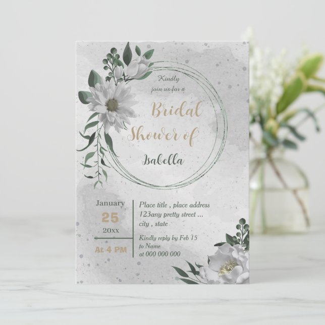 Invitación flores blancas románticas ducha de novia botánica (Anverso de pie)