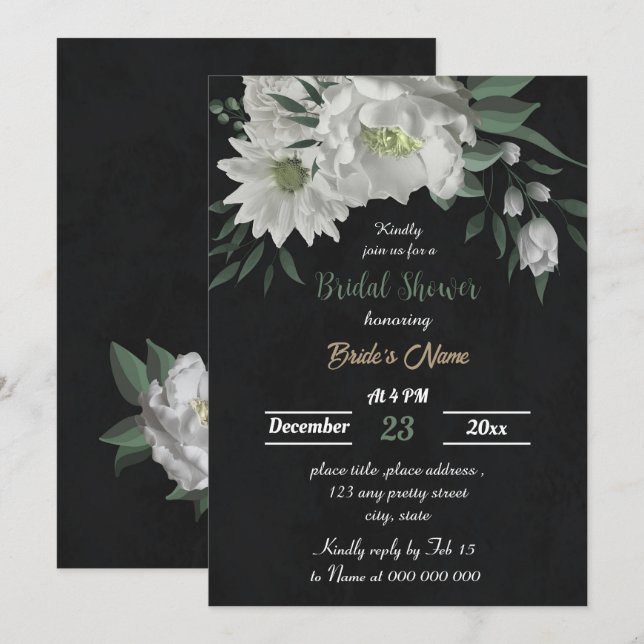 Invitación flores blancas románticas ducha de novia negra (Anverso / Reverso)
