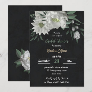 Invitación flores blancas románticas ducha de novia negra