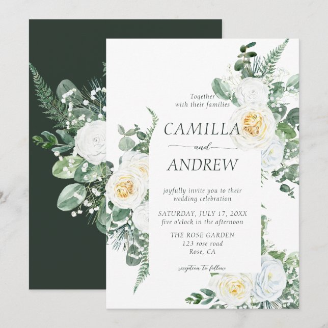 Invitación Flores blancas románticas y Boda de la vegetación (Anverso / Reverso)
