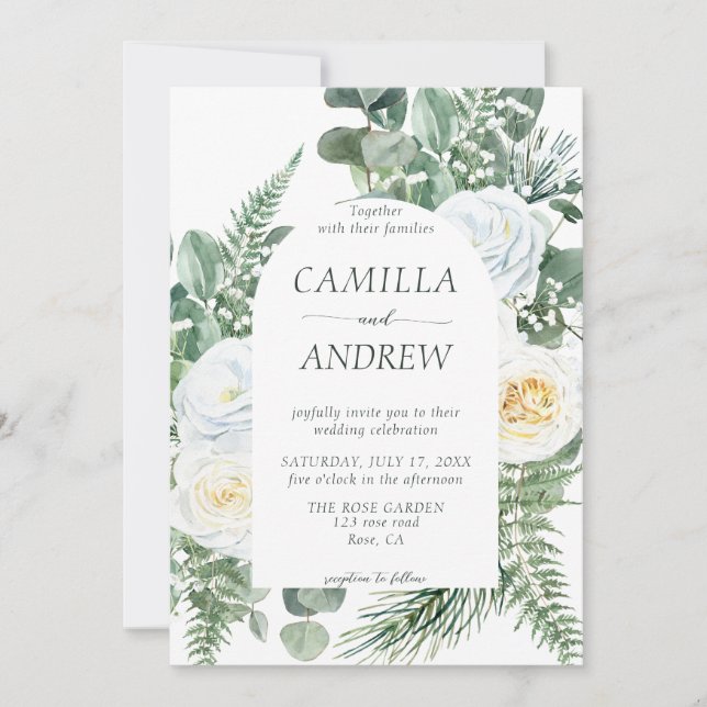 Invitación Flores blancas románticas y Boda de la vegetación (Anverso)