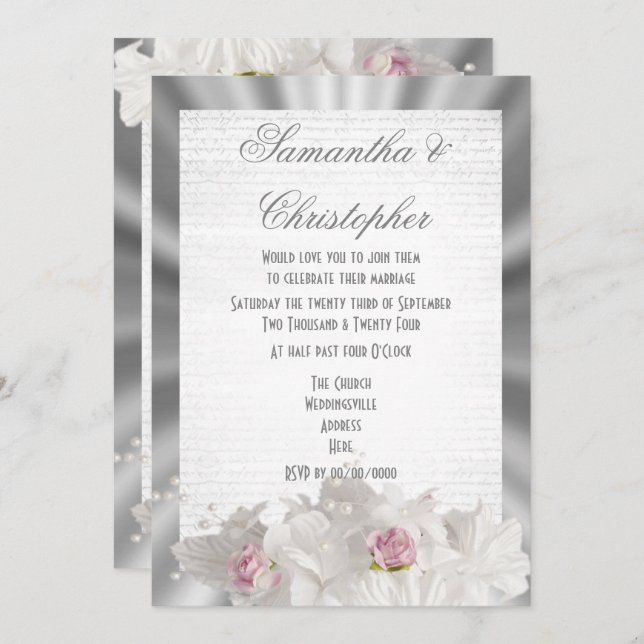 Invitación Flores blancas rosa rosada en boda gris plateado (Anverso / Reverso)