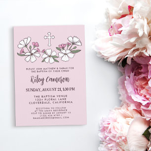 Invitación Flores blancas rosadas Chica Bautismo