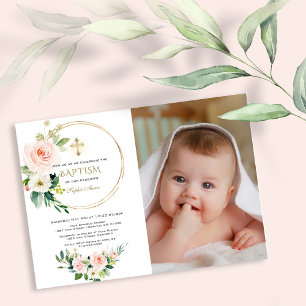 Invitación Flores blancas rosadas color agua Chica Foto Bauti