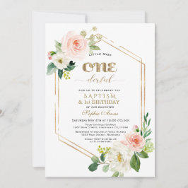 Invitación Flores blancas rosadas de oro Primer cumpleaños y 
