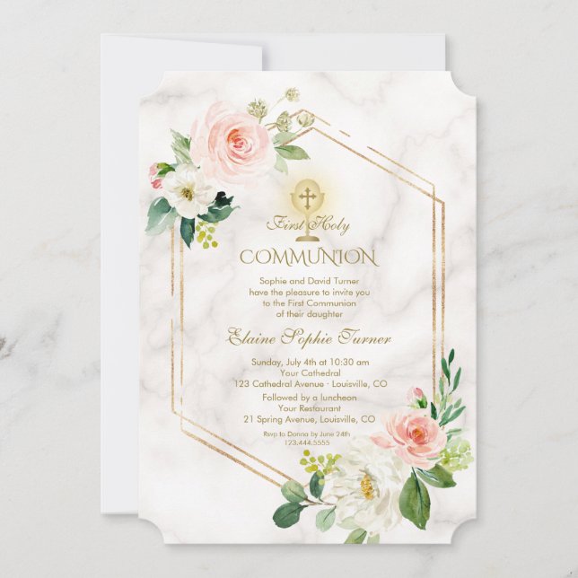 Invitación Flores blancas rosadas Marble Oro Santa Comunión (Anverso)