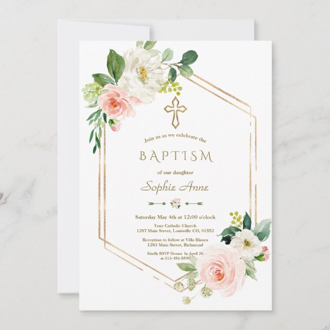 Invitación Flores blancas rosadas modernas florecen el bautis (Anverso)