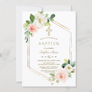 Invitación Flores blancas rosadas modernas florecen el bautis