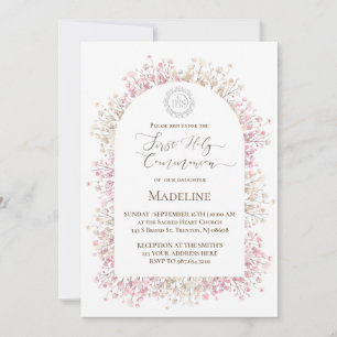 Invitación flores blancas rosadas Primera Comunión
