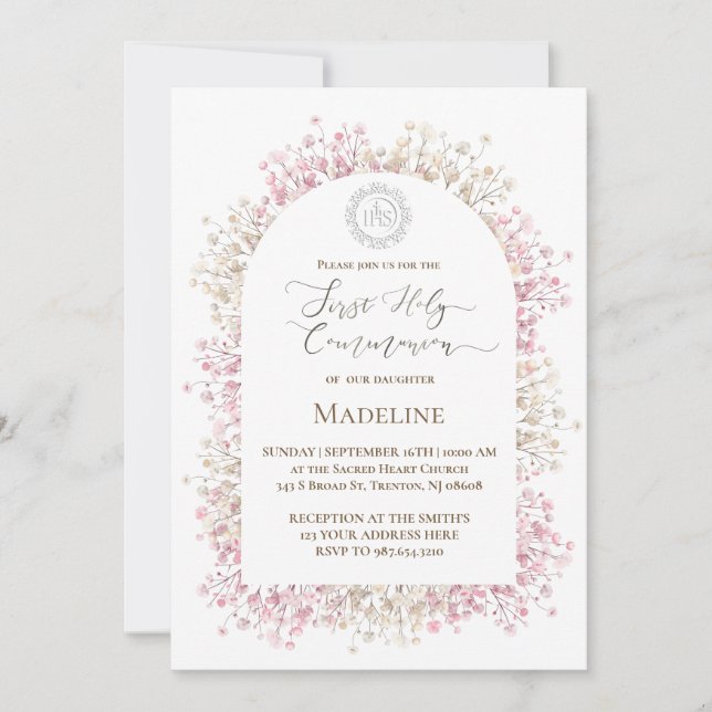 Invitación flores blancas rosadas Primera Comunión (Anverso)