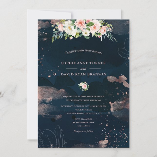 Invitación Flores blancas rosadas Rosa Boda azul de la Marina (Anverso)