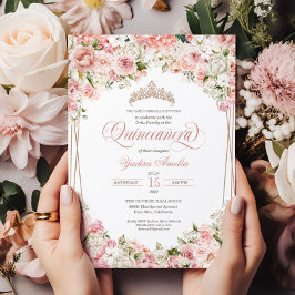 Invitación Flores blancas rosadas Rubor Elegante Quinceañera