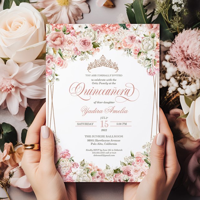 Invitación Flores blancas rosadas Rubor Elegante Quinceañera (Subido por el creador)
