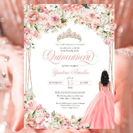Invitación Flores blancas rosadas Rubor Elegante vestido Quin