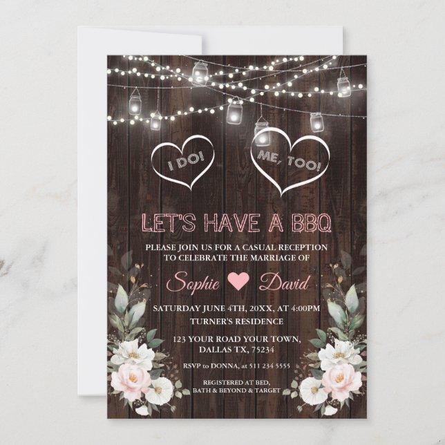 Invitación Flores blancas rosadas Tiras de luz de cadena Barn (Anverso)
