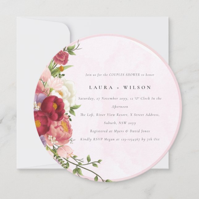 Invitación Flores blancas rosadas y negras Brillantes Ducha P (Anverso)
