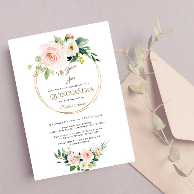 Invitación Flores blancas rosas de lujo Gold Quinceañera (Subido por el creador)