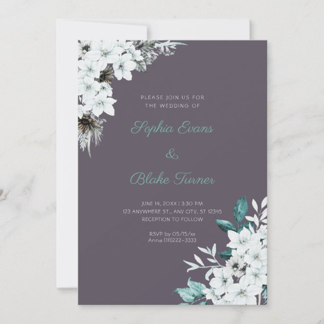 Invitación Flores Blancas Rústicas Boda Boho Fumé Gris (Anverso)
