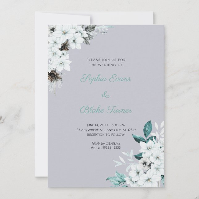 Invitación Flores Blancas Rústicas Boda Boho Gris Nube (Anverso)