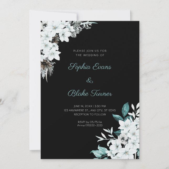 Invitación Flores Blancas Rústicas Boda Boho Negra (Anverso)
