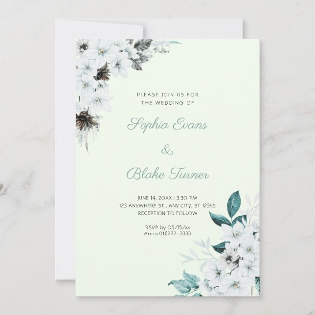 Invitación Flores Blancas Rústicas Boda Verde Claro Boho (Anverso)