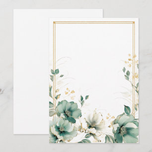 Invitación Flores blancas sencillas, salvia y doradas en blan
