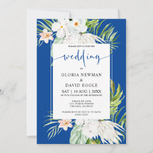 Invitación Flores Blancas sobre Fondo Azul Boda  
