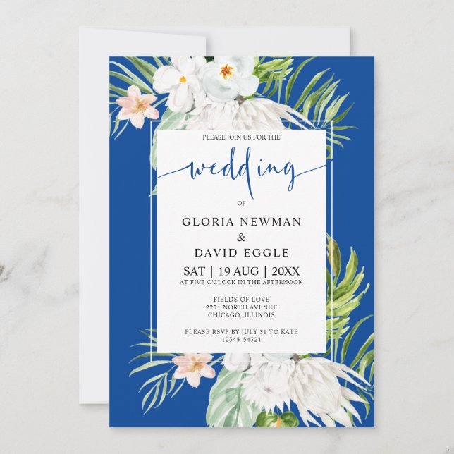 Invitación Flores Blancas sobre Fondo Azul Boda   (Anverso)