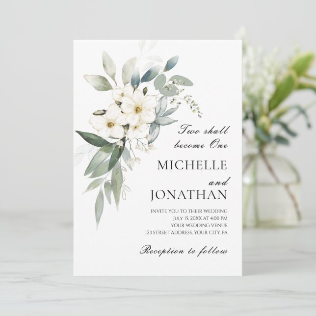 Invitación Flores blancas verde Boda de la Biblia cristiana (Anverso de pie)