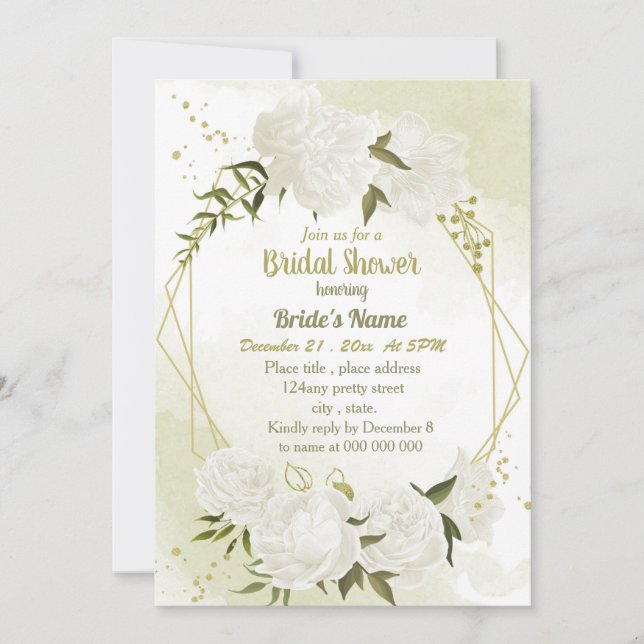 Invitación flores blancas verde ducha geométrica de novia (Anverso)