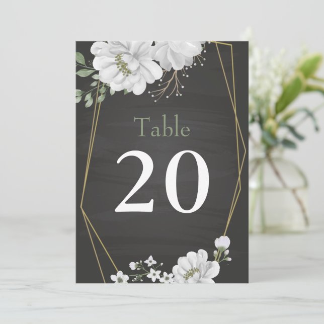 Invitación flores blancas verde número de la mesa negra (Anverso de pie)