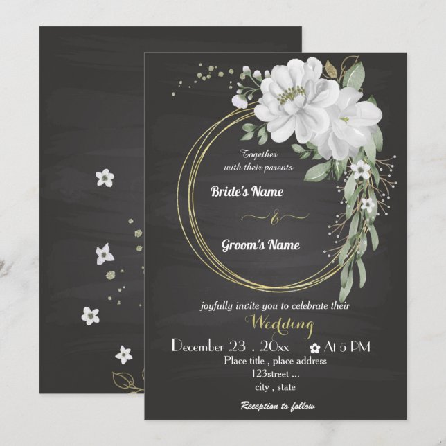 Invitación flores blancas verde oro corona boda negro (Anverso / Reverso)