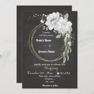 Invitación flores blancas verde oro corona boda negro