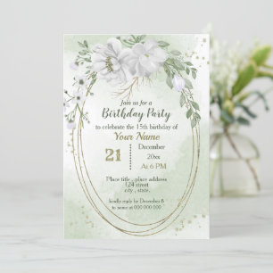 Invitación flores blancas verde oro óvalo cumpleaños