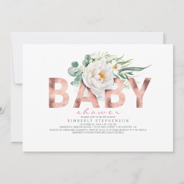 Invitación Flores blancas verde y Baby Shower de oro Rosa (Anverso)