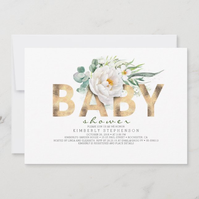 Invitación Flores blancas verde y Baby Shower Relieve metaliz (Anverso)