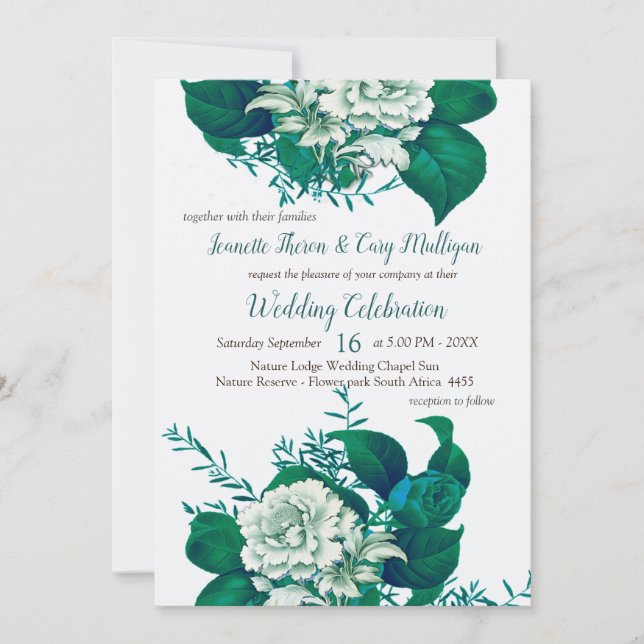 Invitación Flores blancas, verdes y azules en blanco crispado (Anverso)