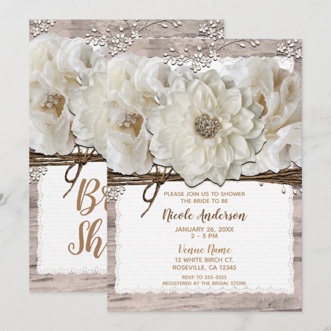 Invitación Flores Blancas y Abedul Festejo de Boda Rústico Gl (Anverso / Reverso)