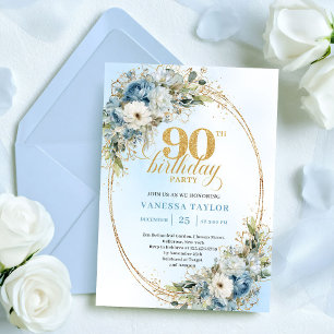 Invitación Flores blancas y azules bohemios atemporales Cumpl