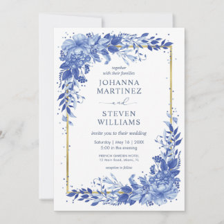 Invitación Flores Blancas y Azules Marco Dorado Boda